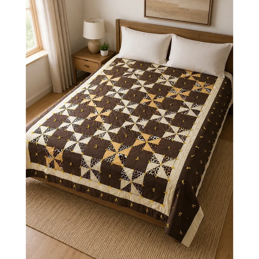 Reversible Full Queen Animal Print Pinwheel Quilt Topper Tied 90x66